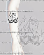 Cherry heart tattoo stencil shown on forearm with heart-shaped cherries, flame accents, sparkle details, long curved stems, and vertical cherry tattoo layout