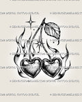 Cherry heart tattoo stencil with two heart-shaped cherries, flame details, sparkle accents, curved stems, leaf detail, and bold black and white linework