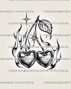Cherry heart tattoo stencil with two heart-shaped cherries, flame details, sparkle accents, curved stems, leaf detail, and bold black and white linework