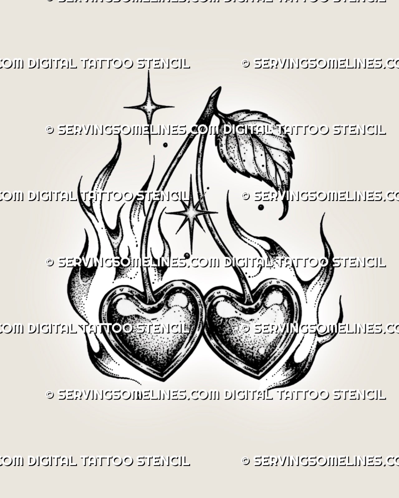 Cherry heart tattoo stencil with two heart-shaped cherries, flame details, sparkle accents, curved stems, leaf detail, and bold black and white linework