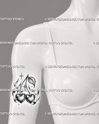 Cherry heart tattoo stencil shown on upper arm front with heart-shaped cherry fruit, gothic flame detail, sparkle accents, leaf, and Y2K cherry tattoo design