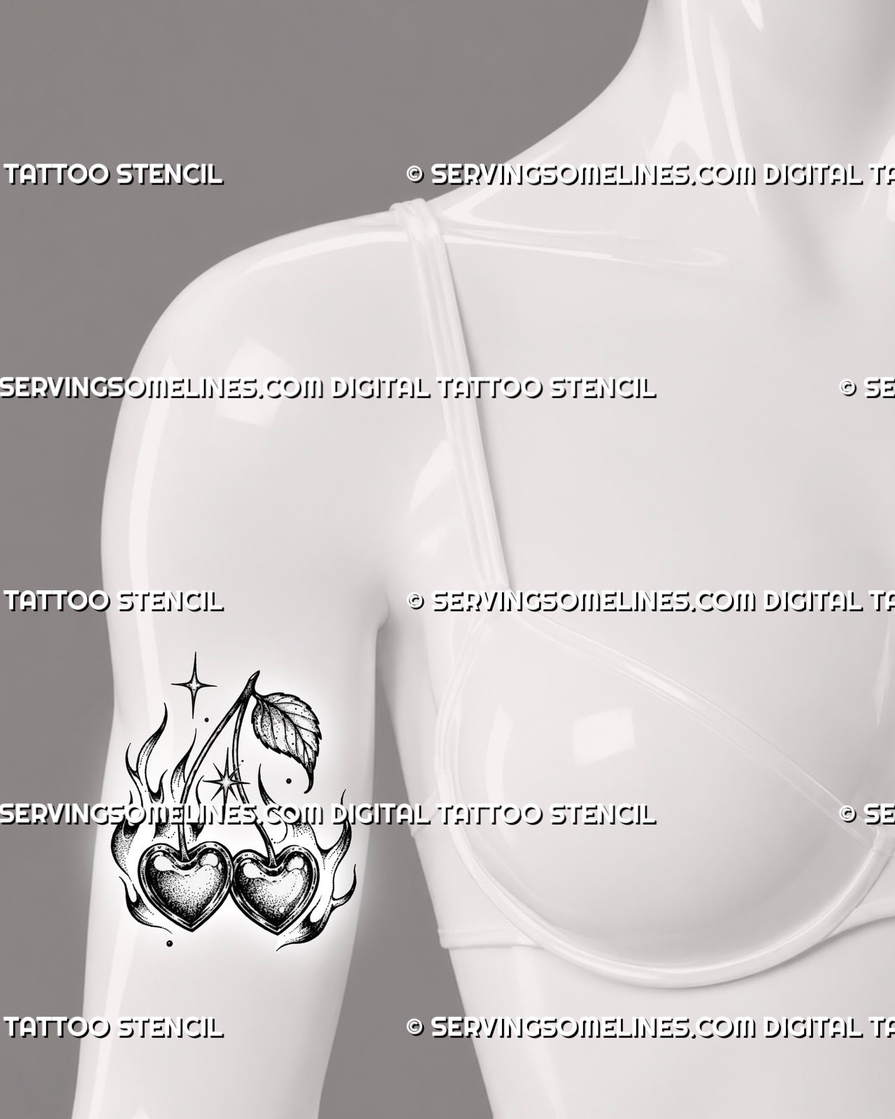 Cherry heart tattoo stencil shown on upper arm front with heart-shaped cherry fruit, gothic flame detail, sparkle accents, leaf, and Y2K cherry tattoo design