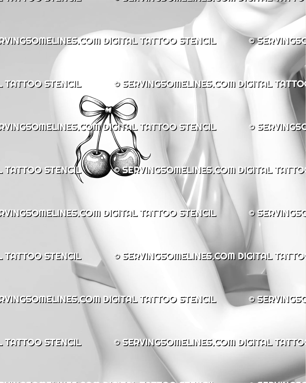Cherry ribbon tattoo design shown on womens arm placement with two shaded cherries, soft bow detail, and cute stencil style.