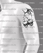 Cherry skull tattoo stencil shown on mens arm with dripping skull fruits, thorn stems, and gothic fruit symbolism.