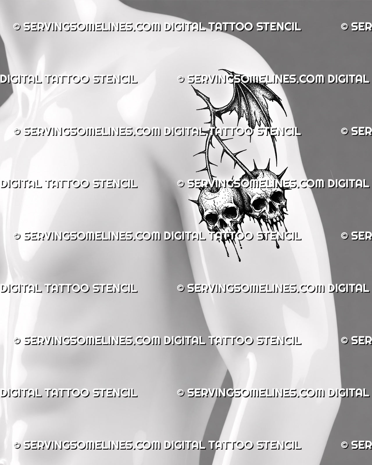 Cherry skull tattoo stencil shown on mens arm with dripping skull fruits, thorn stems, and gothic fruit symbolism.