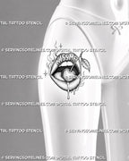 Cherry in mouth tattoo stencil shown on women’s front thigh with open lips, visible tongue, long cherry stem, leaf, flames, and bold lettering