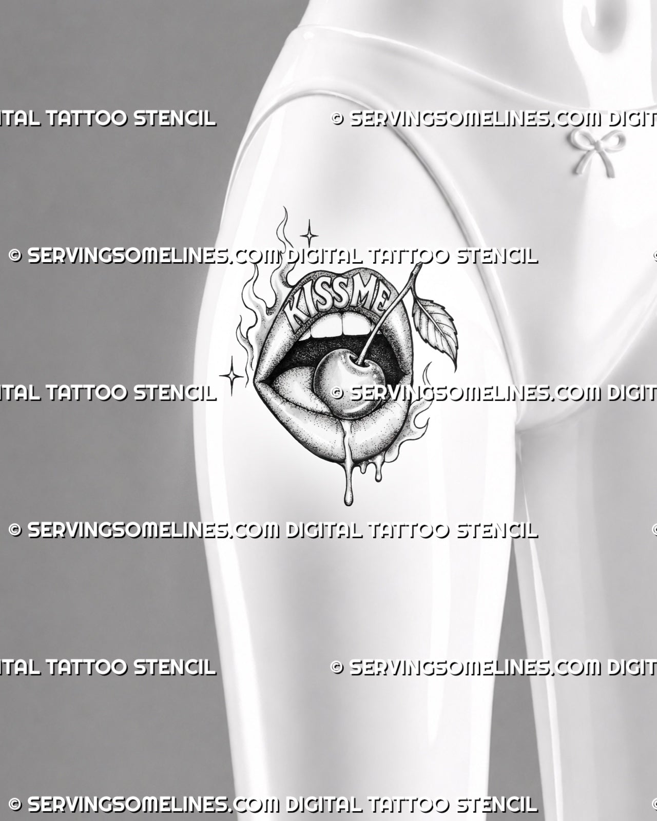 Cherry in mouth tattoo stencil shown on women’s front thigh with open lips, visible tongue, long cherry stem, leaf, flames, and bold lettering