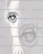 Cherry on tongue tattoo stencil shown on forearm with open lips, long stem and leaf, Kiss Me lettering, flames, spark accents, and lower-lip drips