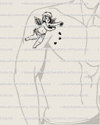 Cherub heart tattoo stencil displayed on men’s upper arm placement with barbed halo, flying pose, and clean black linework