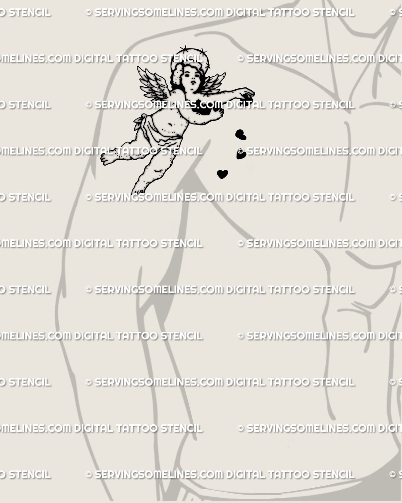 Cherub heart tattoo stencil displayed on men’s upper arm placement with barbed halo, flying pose, and clean black linework