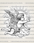 Cherub tattoo stencil design with flying baby angel, cloud details, feathered wings, light rays, and small star