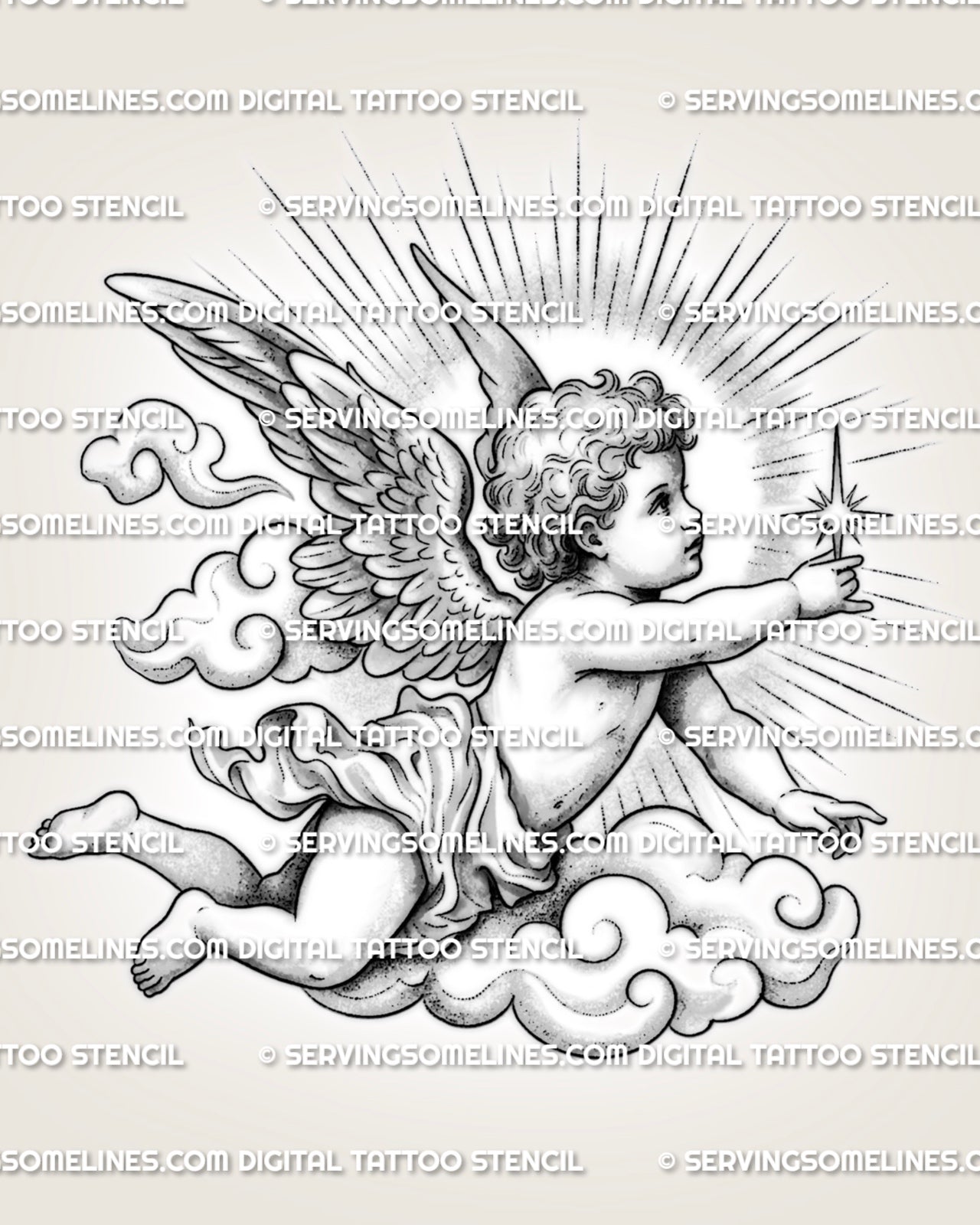Cherub tattoo stencil design with flying baby angel, cloud details, feathered wings, light rays, and small star
