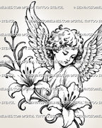 Close-up of cherub and lily tattoo design showing the angel’s face, hair curls, layered feathers, lily petals, stamens, and fine stippled shading