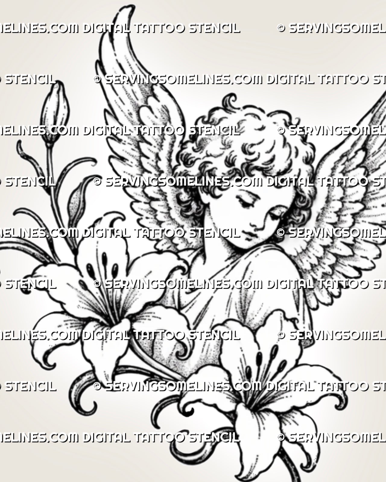 Close-up of cherub and lily tattoo design showing the angel’s face, hair curls, layered feathers, lily petals, stamens, and fine stippled shading