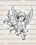 Cherub and lily tattoo stencil with a curly-haired angel, two open lilies, feathered wings, flower bud, curling stems, and vintage stippled linework