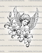 Cherub and lily tattoo stencil with a curly-haired angel, two open lilies, feathered wings, flower bud, curling stems, and vintage stippled linework