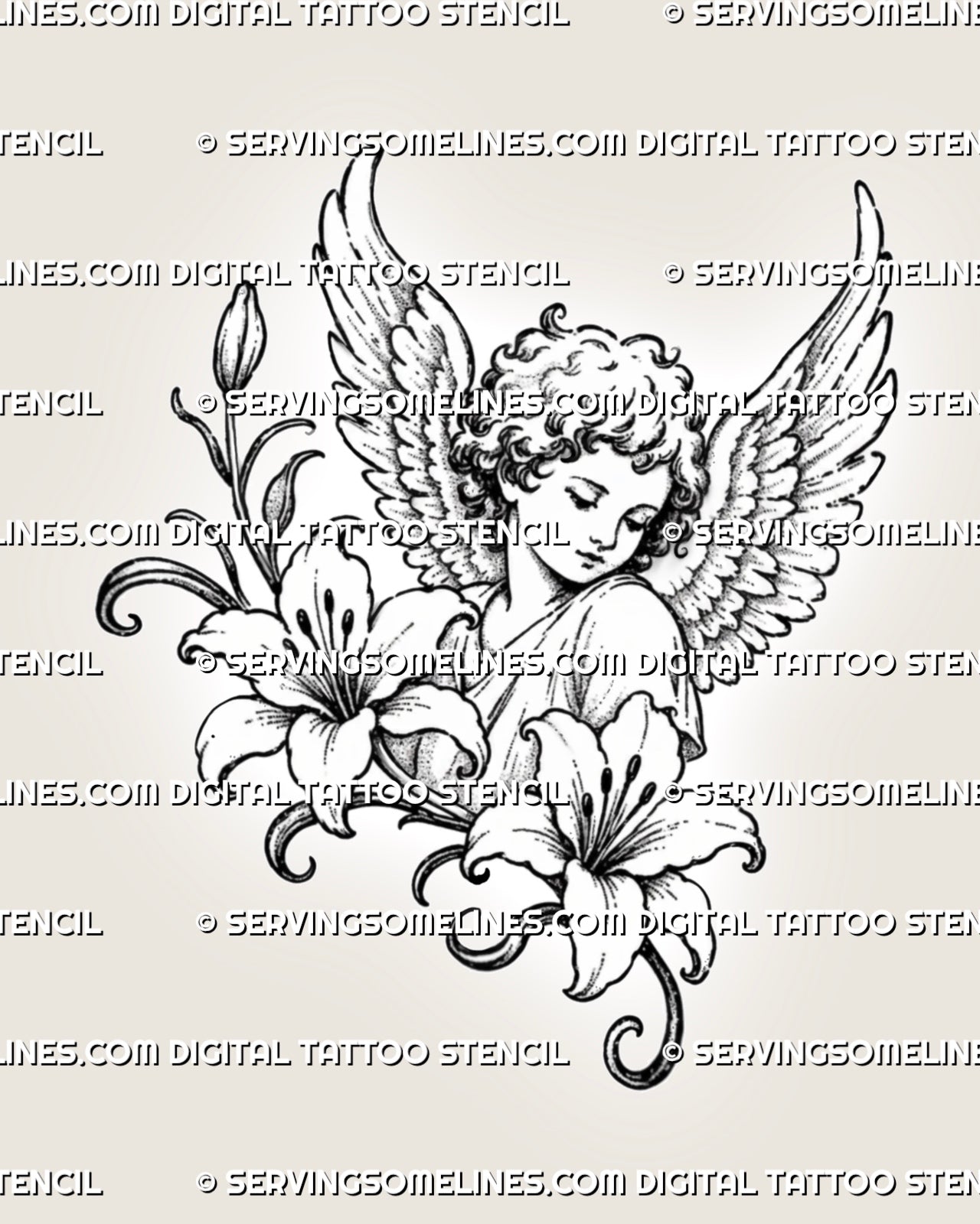 Cherub and lily tattoo stencil with a curly-haired angel, two open lilies, feathered wings, flower bud, curling stems, and vintage stippled linework