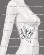 Cherub and lily tattoo shown on a woman’s ribs with wide feathered wings, diagonal flowers, curling stems, and a flowing side-body composition