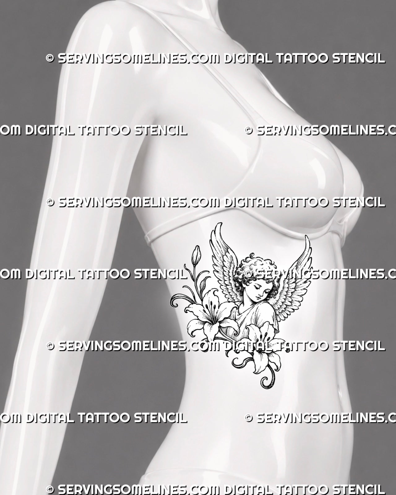 Cherub and lily tattoo shown on a woman’s ribs with wide feathered wings, diagonal flowers, curling stems, and a flowing side-body composition