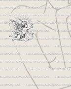 Cherub angel tattoo stencil shown on womens upper arm placement, baby angel reaching a star, clouds, soft shading, printable.