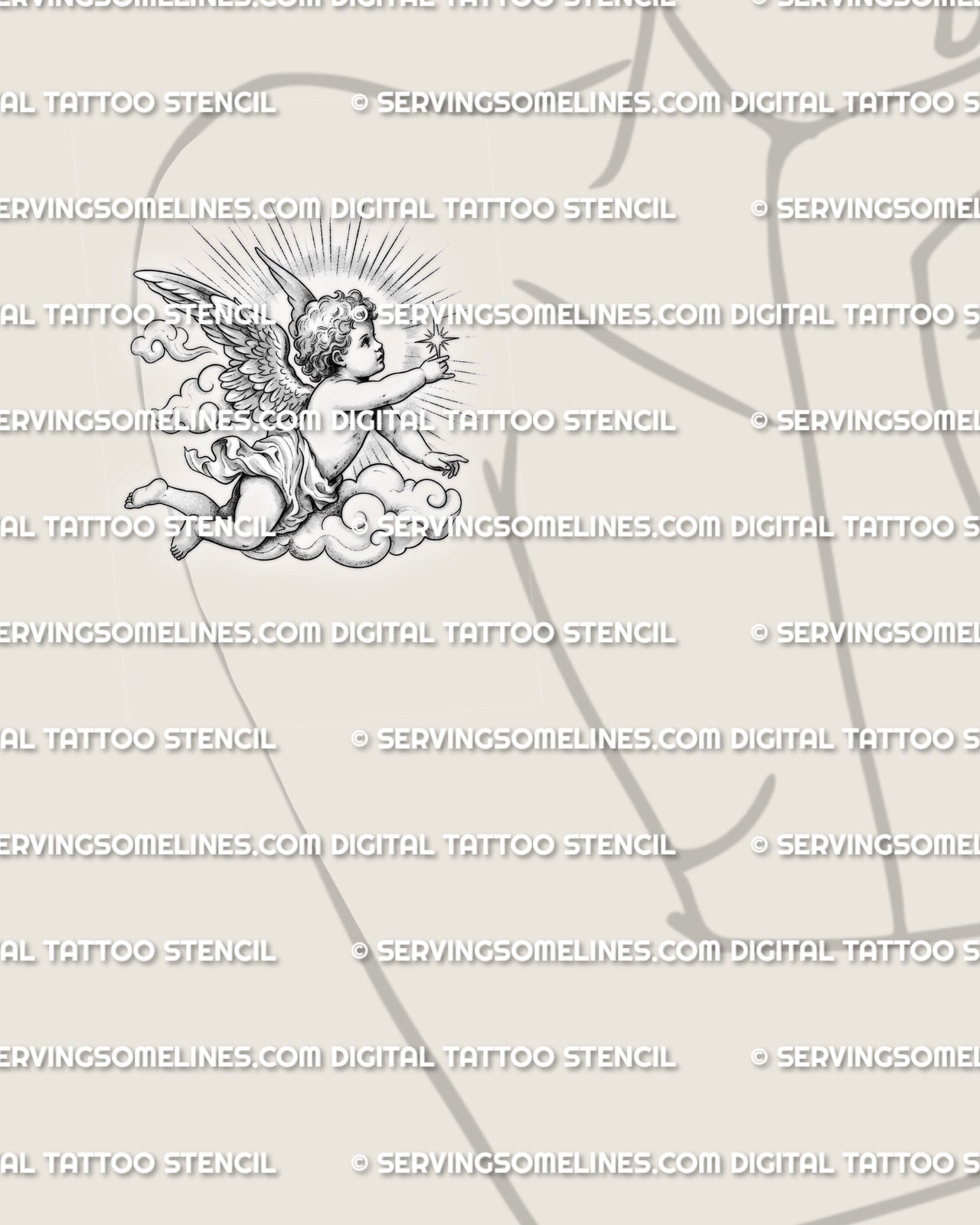 Cherub angel tattoo stencil shown on womens upper arm placement, baby angel reaching a star, clouds, soft shading, printable.