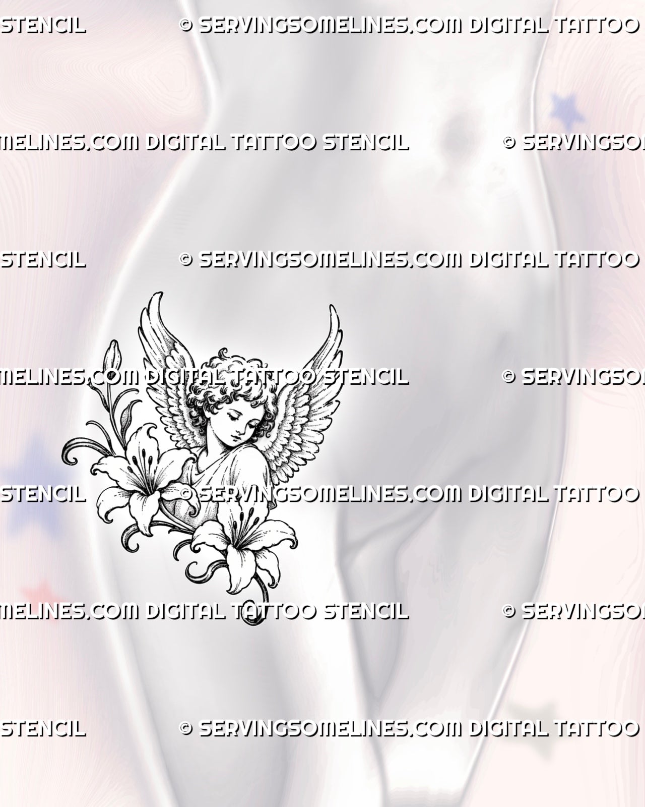 Cherub with flowers tattoo shown on a woman’s hip with two large lilies, raised angel wings, botanical curves, and detailed blackwork shading