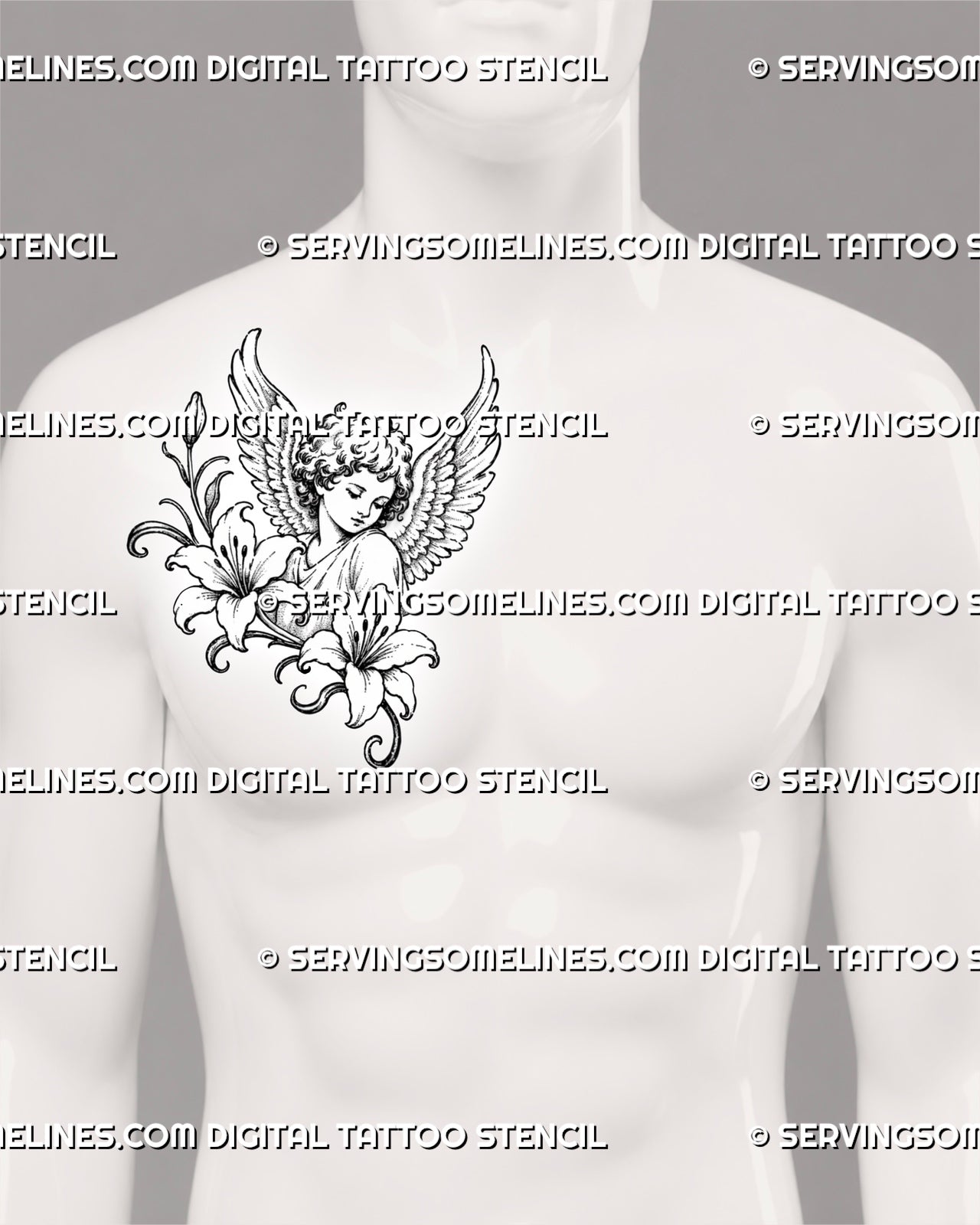 Cherub with lilies tattoo shown on a man’s side chest with a classical winged angel, two large blooms, flower bud, and vintage stippling