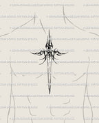 Chest dagger tattoo stencil gothic style for men, centered placement; vertical symmetry between the pecs, strong read at distance, optimized for clean transfer and easy sizing.