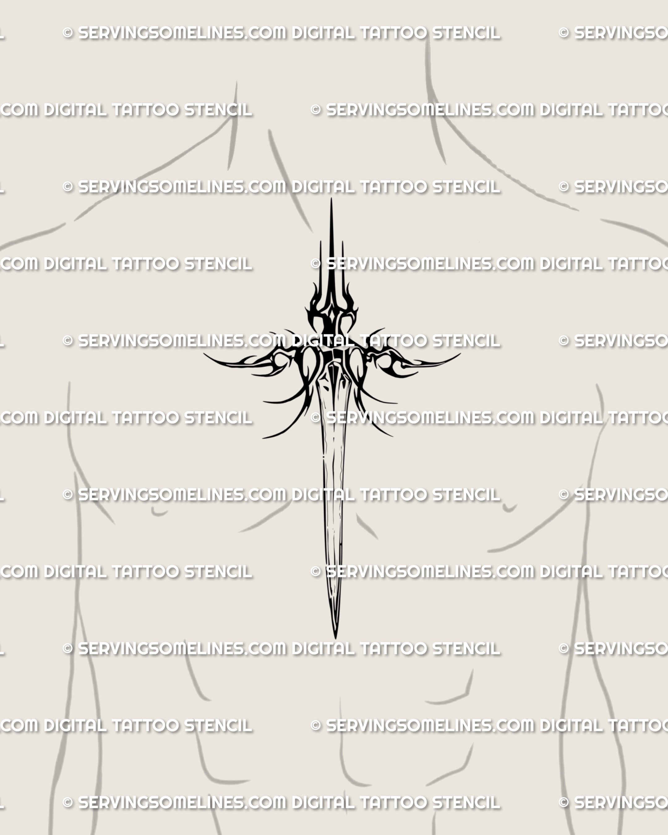 Chest dagger tattoo stencil gothic style for men, centered placement; vertical symmetry between the pecs, strong read at distance, optimized for clean transfer and easy sizing.