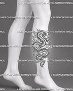 Chinese dragon tattoo stencil shown on calf with tall Eastern dragon composition, scaled serpentine body, flowing whiskers, sharp claws, clouds, and curled tail