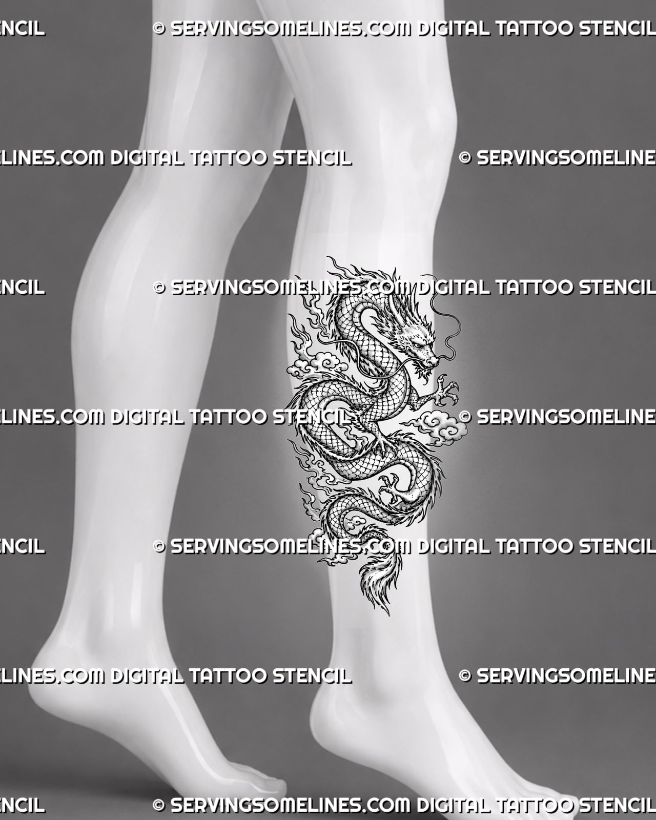 Chinese dragon tattoo stencil shown on calf with tall Eastern dragon composition, scaled serpentine body, flowing whiskers, sharp claws, clouds, and curled tail