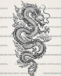 Chinese dragon tattoo stencil with long scaled serpentine body, horned head, flowing whiskers, sharp claws, curled tail, and swirling cloud details