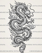 Chinese dragon tattoo stencil with long scaled serpentine body, horned head, flowing whiskers, sharp claws, curled tail, and swirling cloud details