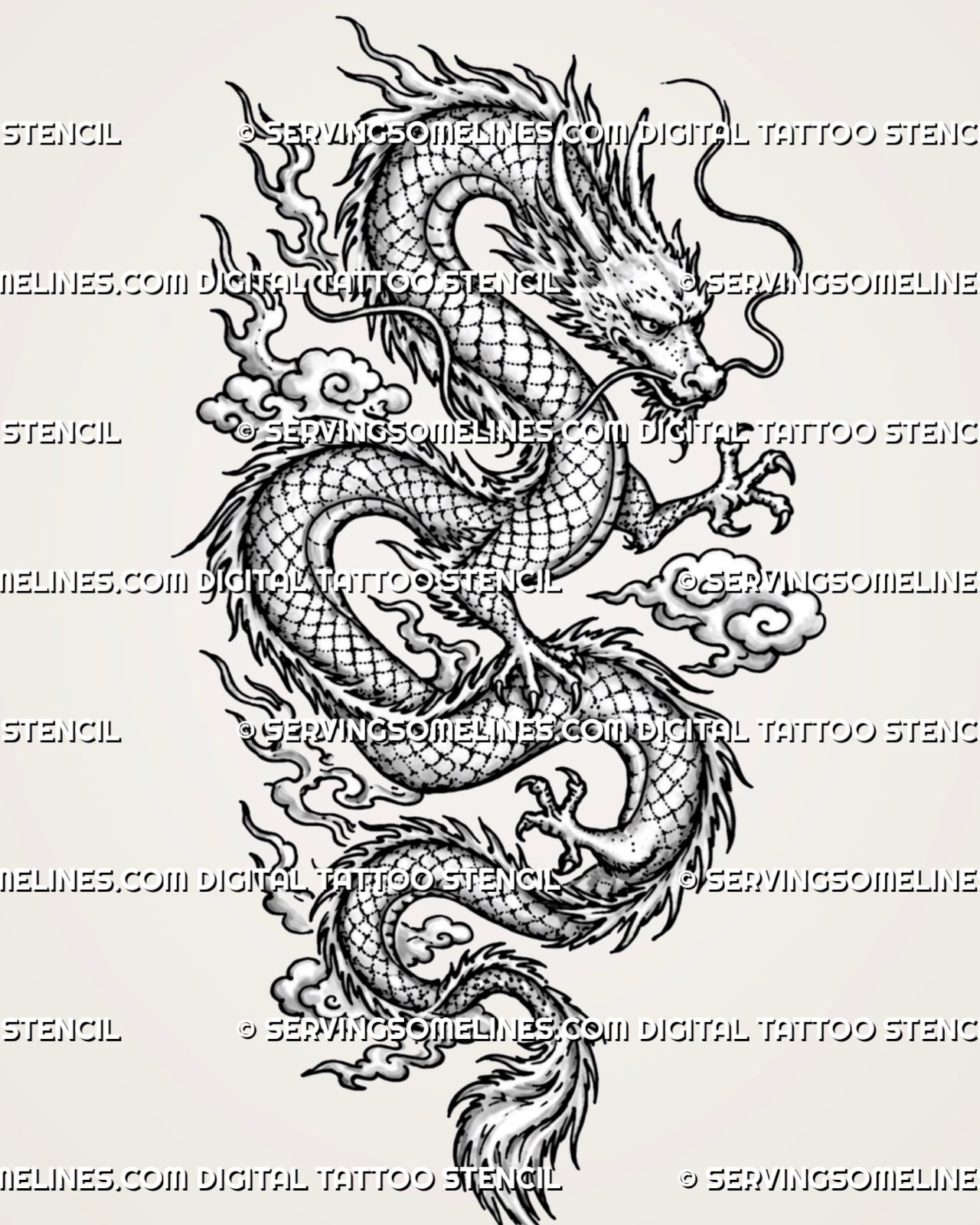 Chinese dragon tattoo stencil with long scaled serpentine body, horned head, flowing whiskers, sharp claws, curled tail, and swirling cloud details