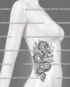 Chinese dragon tattoo stencil shown on female side body with winding serpentine dragon, horned head, flowing whiskers, sharp claws, scales, and swirling clouds