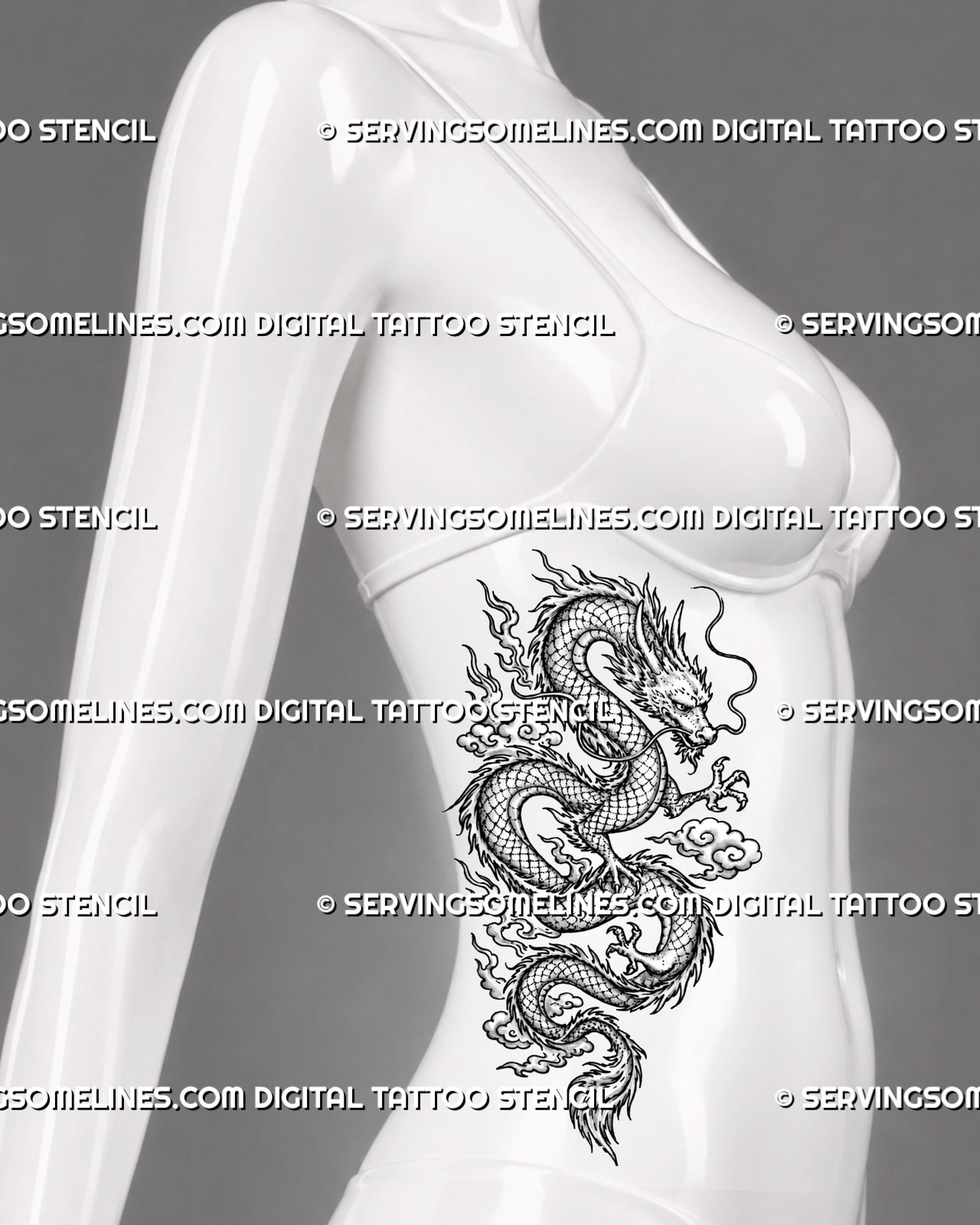 Chinese dragon tattoo stencil shown on female side body with winding serpentine dragon, horned head, flowing whiskers, sharp claws, scales, and swirling clouds