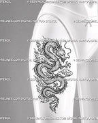 Chinese dragon tattoo stencil shown on female thigh with long scaled Eastern dragon, flowing body curves, horned head, claws, whiskers, and cloud detail