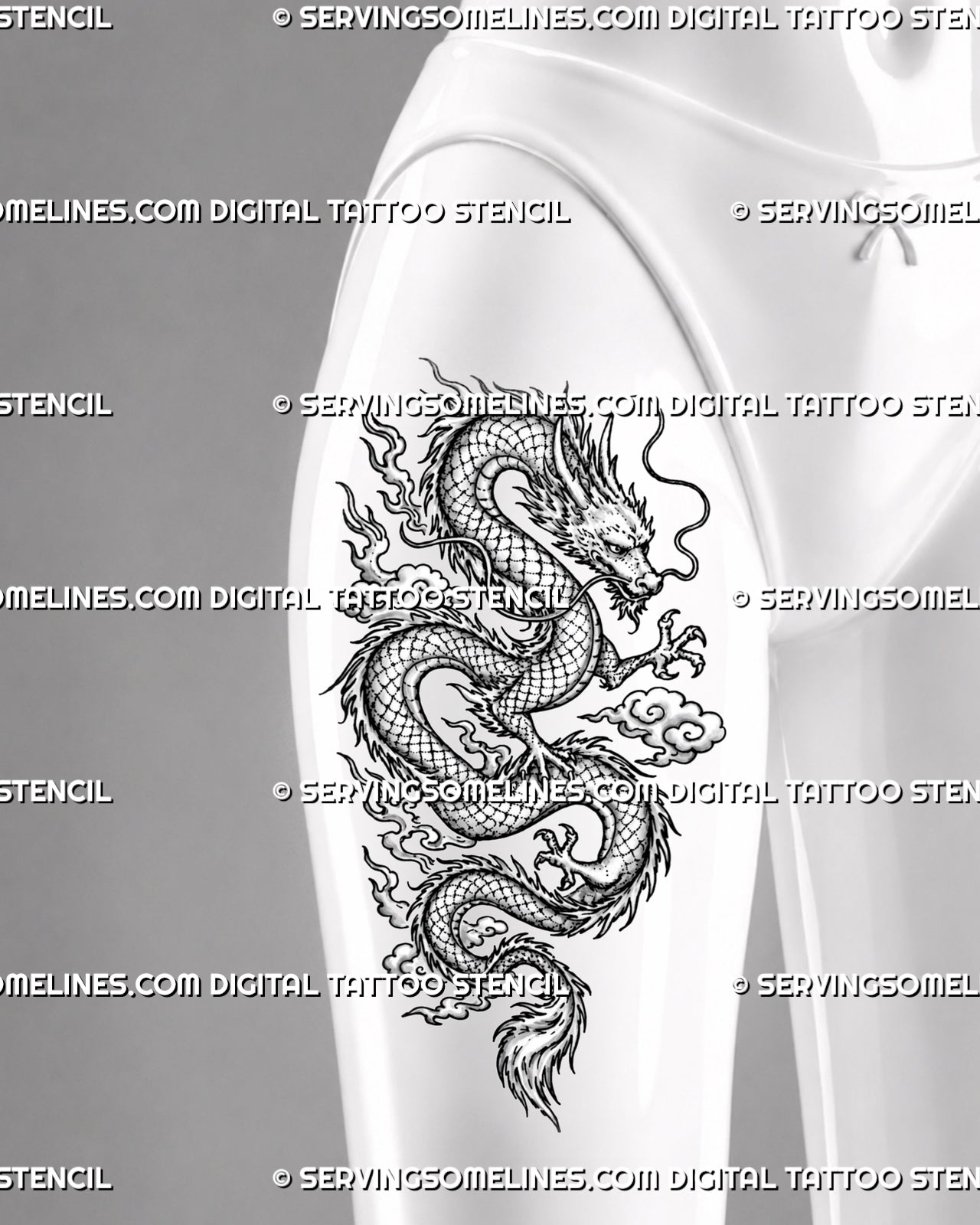 Chinese dragon tattoo stencil shown on female thigh with long scaled Eastern dragon, flowing body curves, horned head, claws, whiskers, and cloud detail