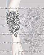 Chinese dragon tattoo stencil shown on forearm with vertical serpentine dragon, horned head, whiskers, sharp claws, detailed scales, and swirling clouds