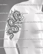Chinese dragon tattoo stencil shown on men’s arm with long Eastern dragon body, flowing whiskers, sharp claws, scale detail, curled tail, and cloud motifs