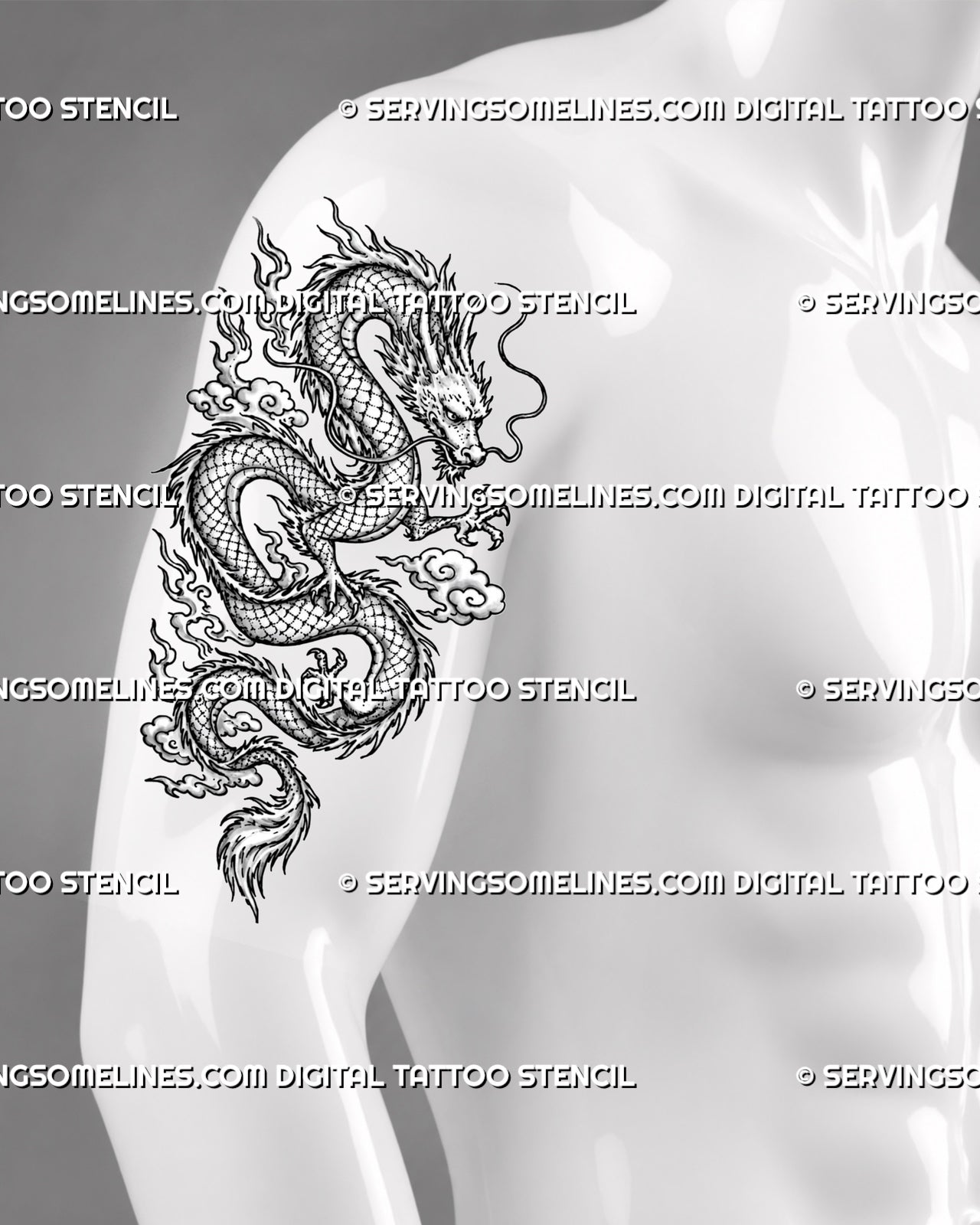 Chinese dragon tattoo stencil shown on men’s arm with long Eastern dragon body, flowing whiskers, sharp claws, scale detail, curled tail, and cloud motifs