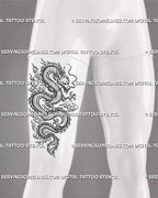 Chinese dragon tattoo stencil shown on men’s thigh with full-body Eastern dragon, layered body curves, sharp claws, flowing whiskers, scale detail, and clouds
