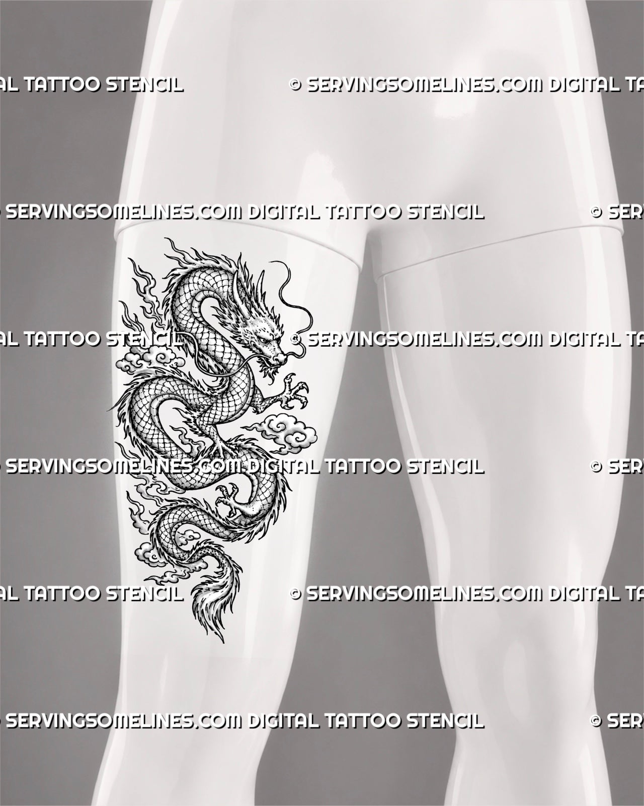 Chinese dragon tattoo stencil shown on men’s thigh with full-body Eastern dragon, layered body curves, sharp claws, flowing whiskers, scale detail, and clouds