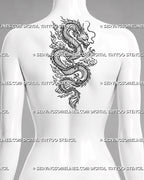 Chinese dragon tattoo stencil shown on upper back center with long winding dragon body, horned head, whiskers, claws, cloud motifs, and curled tail