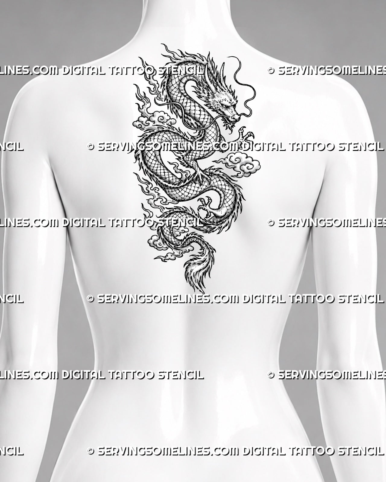 Chinese dragon tattoo stencil shown on upper back center with long winding dragon body, horned head, whiskers, claws, cloud motifs, and curled tail
