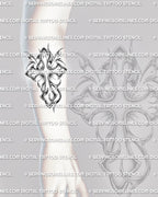 Chrome cross tattoo design displayed on forearm placement, with metallic shading, sharp edges, and clean vertical stencil shape. 