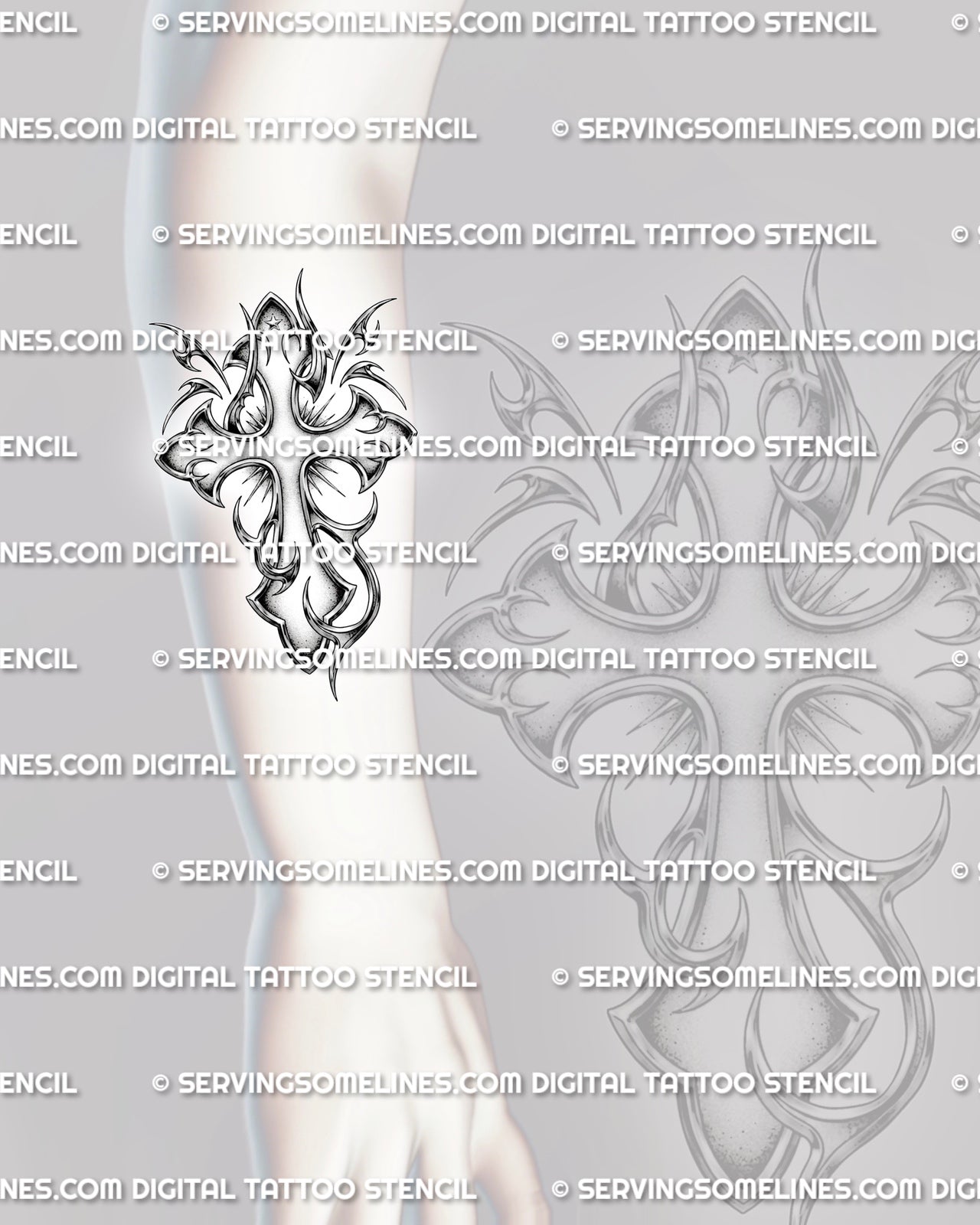 Chrome cross tattoo design displayed on forearm placement, with metallic shading, sharp edges, and clean vertical stencil shape. 