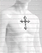 Chrome cross tattoo shown on mens chest center placement, with shiny metallic finish and strong vertical cross structure. 
