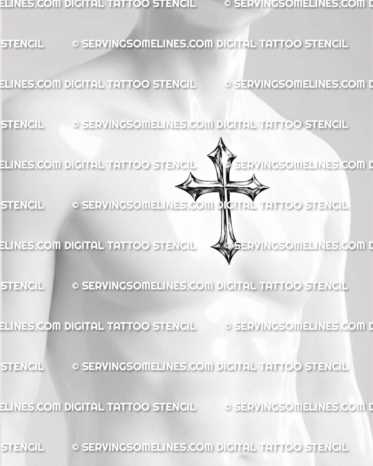 Chrome cross tattoo shown on mens chest center placement, with shiny metallic finish and strong vertical cross structure. 