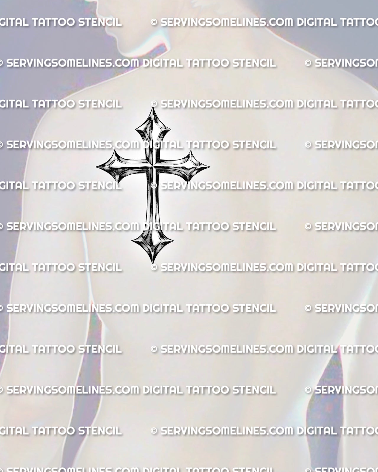 Chrome cross tattoo shown on mens shoulder blade placement, with metallic shading, pointed ends, and clean vertical shape. 